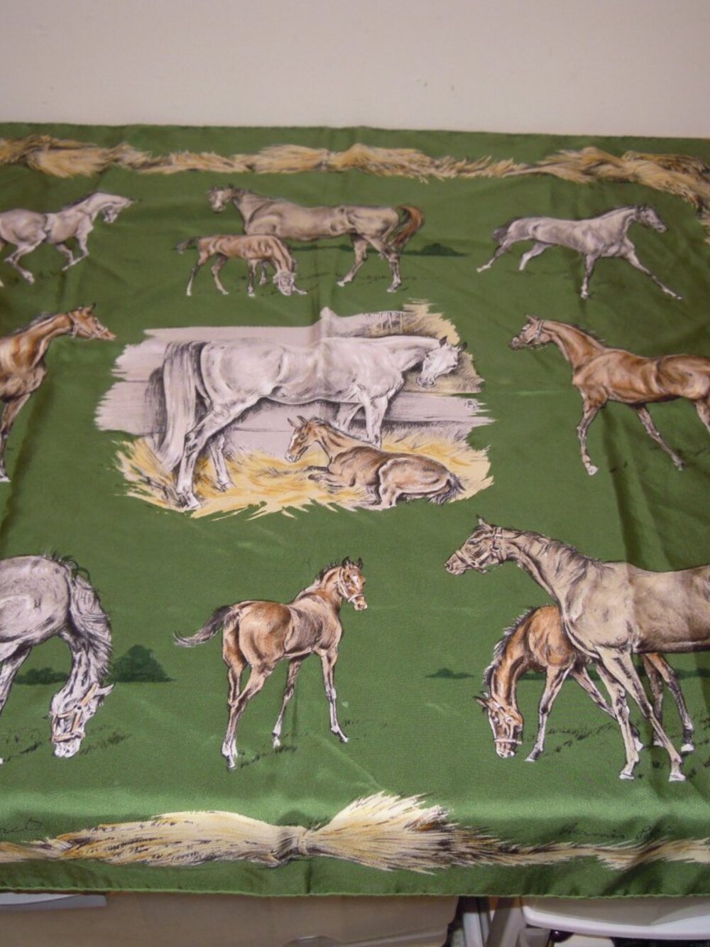 Vintage 1960s HERMES Silk Scarf Green X de Poret "Les Poulains" Green Horse Eque